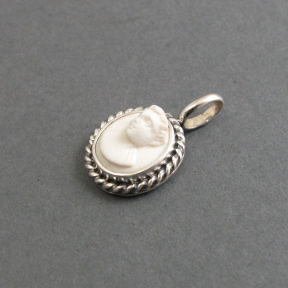 Carved Conch Shell Cameo, Sterling Silver Antique Cameo Pendant, Woman's Profile Cameo, White and Pink, High Relief Shell Cameo