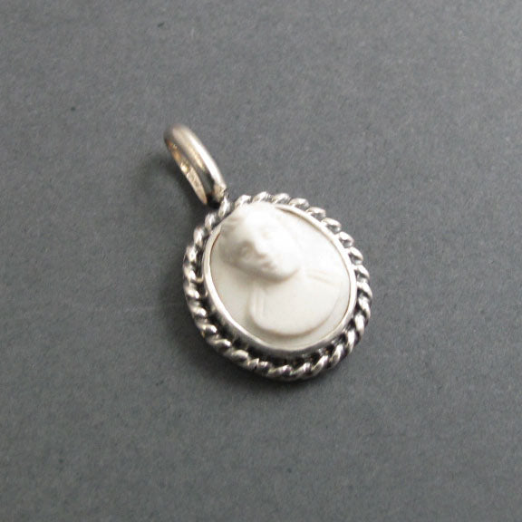 Carved Conch Shell Cameo, Sterling Silver Antique Cameo Pendant, Woman's Profile Cameo, White and Pink, High Relief Shell Cameo