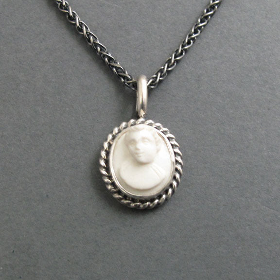 Carved Conch Shell Cameo, Sterling Silver Antique Cameo Pendant, Woman's Profile Cameo, White and Pink, High Relief Shell Cameo