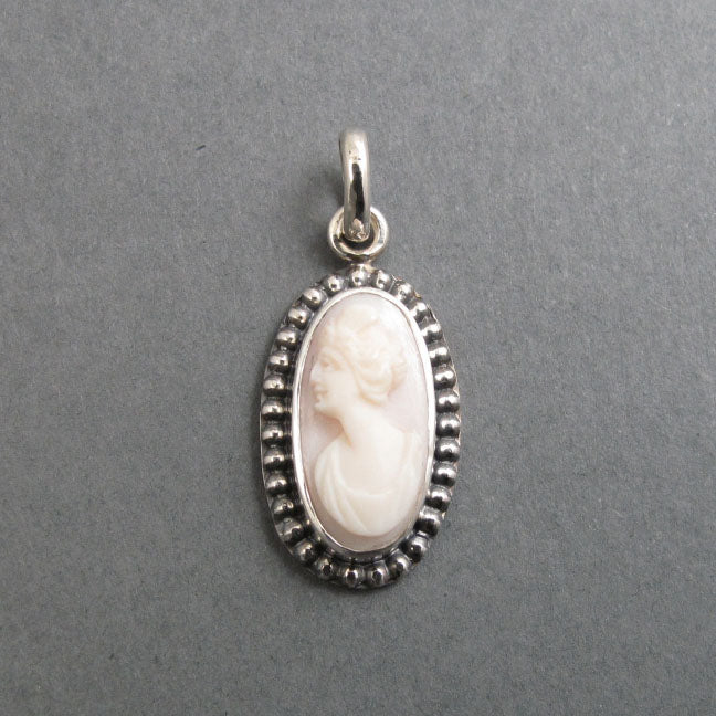 Sterling Silver Antique Cameo Pendant, Woman's Profile Cameo, White and Pink, Carved Conch Shell Cameo,  High Relief Cameo, Oval Shel