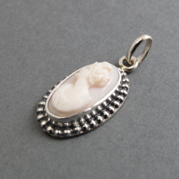 Sterling Silver Antique Cameo Pendant, Woman's Profile Cameo, White and Pink, Carved Conch Shell Cameo,  High Relief Cameo, Oval Shel