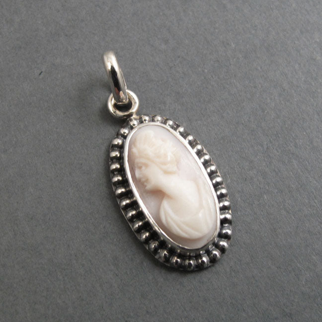 Sterling Silver Antique Cameo Pendant, Woman's Profile Cameo, White and Pink, Carved Conch Shell Cameo,  High Relief Cameo, Oval Shel