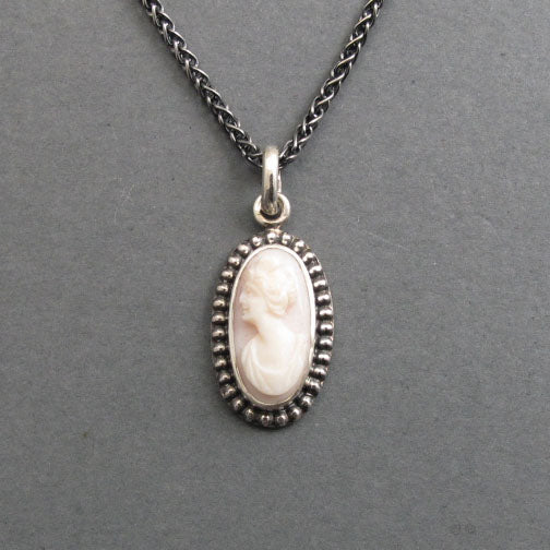 Sterling Silver Antique Cameo Pendant, Woman's Profile Cameo, White and Pink, Carved Conch Shell Cameo,  High Relief Cameo, Oval Shel