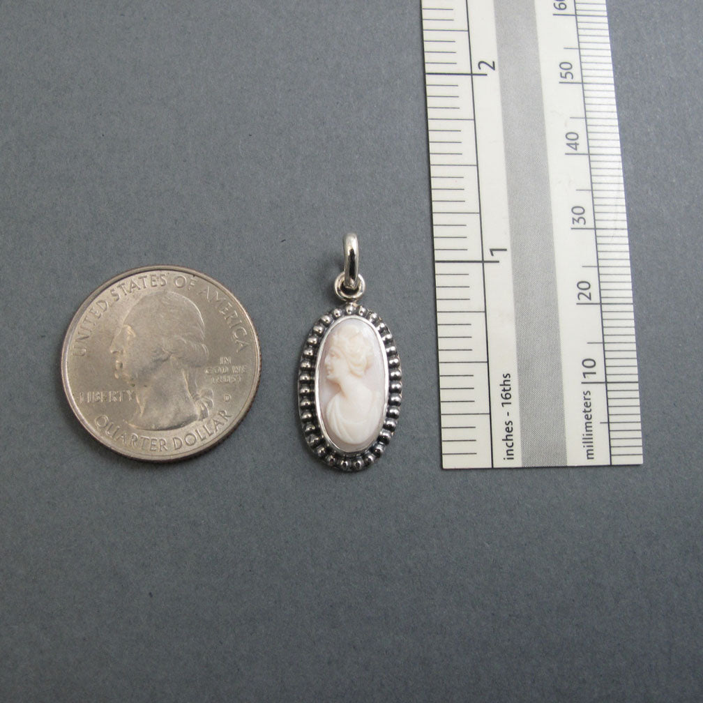 Sterling Silver Antique Cameo Pendant, Woman's Profile Cameo, White and Pink, Carved Conch Shell Cameo,  High Relief Cameo, Oval Shel