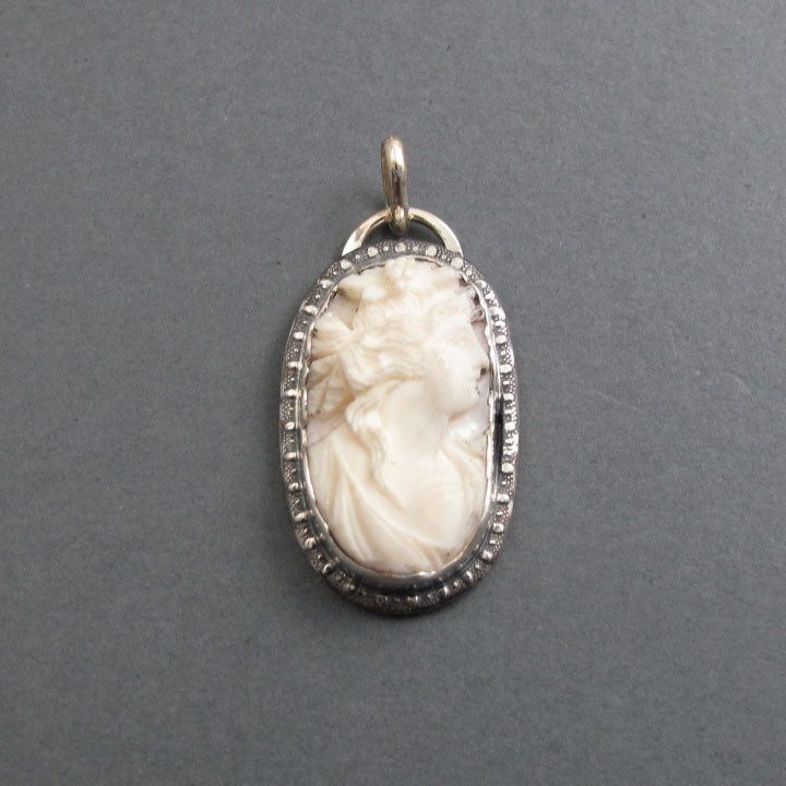 High Relief Cameo Carving, Queen Conch Shell Cameo, Antique Cameo Pendant, Woman's Profile Cameo, White and Pink Cameo Necklace