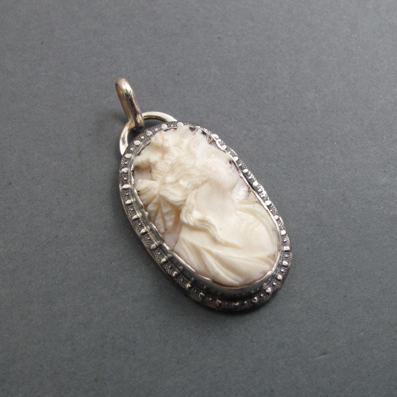 High Relief Cameo Carving, Queen Conch Shell Cameo, Antique Cameo Pendant, Woman's Profile Cameo, White and Pink Cameo Necklace
