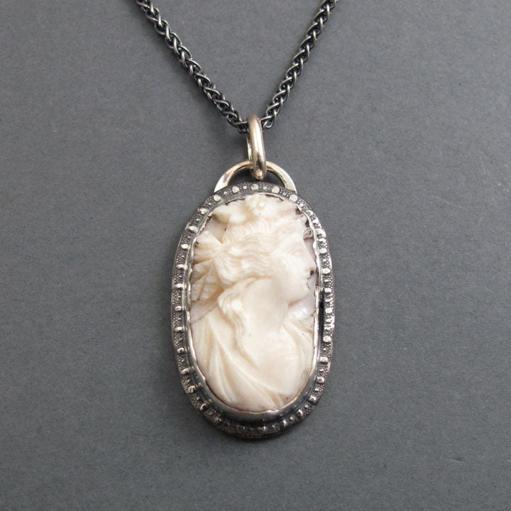 High Relief Cameo Carving, Queen Conch Shell Cameo, Antique Cameo Pendant, Woman's Profile Cameo, White and Pink Cameo Necklace