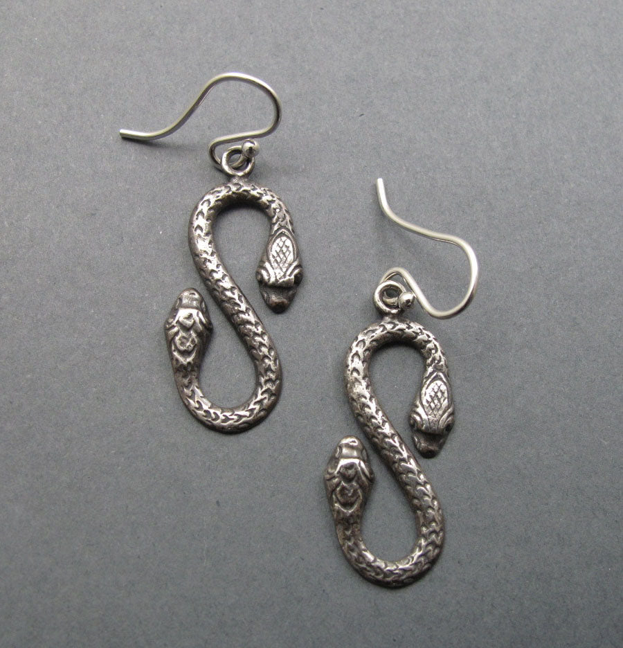 Ouroboros Double-Headed Snake Earrings, Sterling Silver, Amphisbaena, Infinity Dangle, Mythology Jewelry