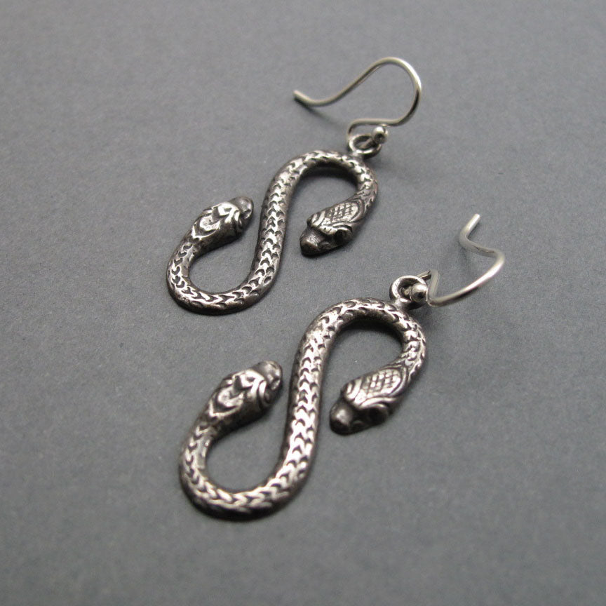 Ouroboros Double-Headed Snake Earrings, Sterling Silver, Amphisbaena, Infinity Dangle, Mythology Jewelry