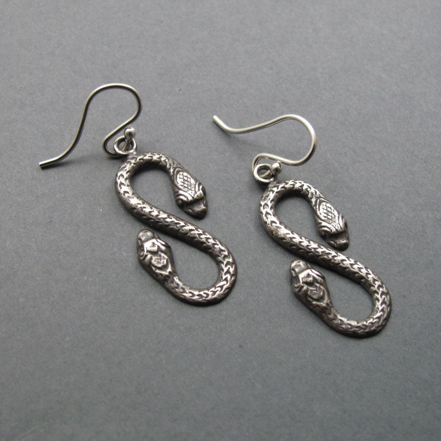 Ouroboros Double-Headed Snake Earrings, Sterling Silver, Amphisbaena, Infinity Dangle, Mythology Jewelry