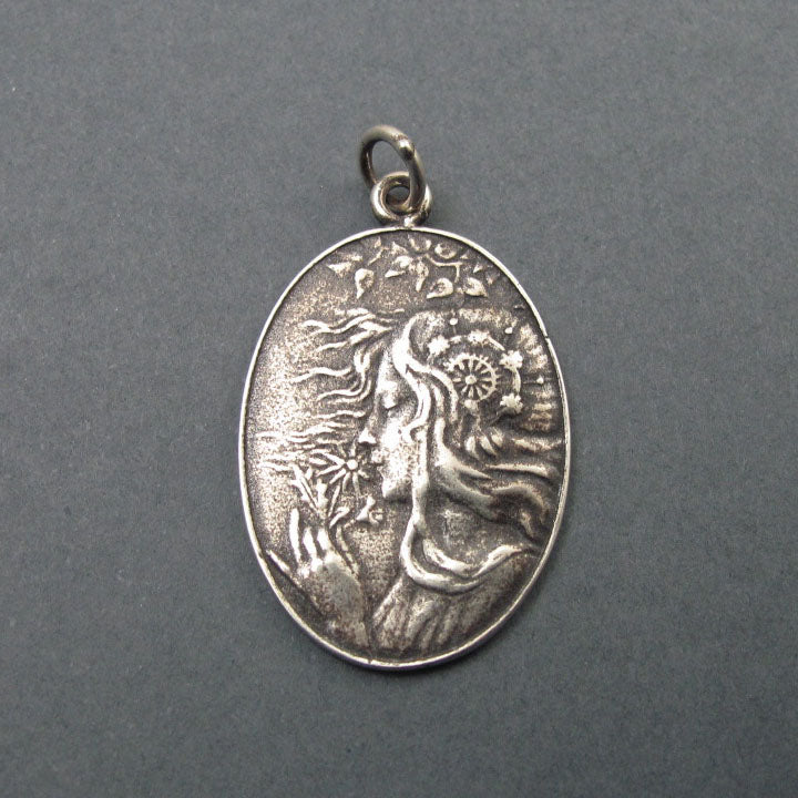 Spring Pendant, Sterling Silver, French Art Nouveau Button, Female Figure with Flowers, Seasons Necklace