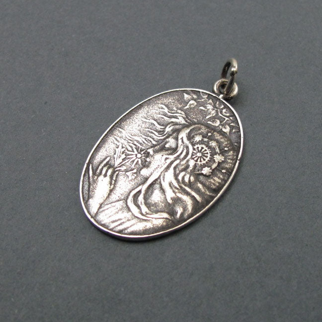 Spring Pendant, Sterling Silver, French Art Nouveau Button, Female Figure with Flowers, Seasons Necklace