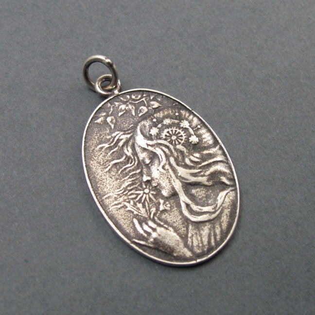 Spring Pendant, Sterling Silver, French Art Nouveau Button, Female Figure with Flowers, Seasons Necklace