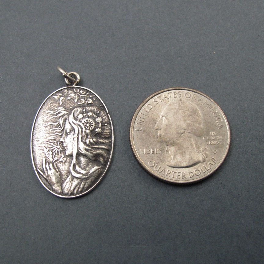 Spring Pendant, Sterling Silver, French Art Nouveau Button, Female Figure with Flowers, Seasons Necklace