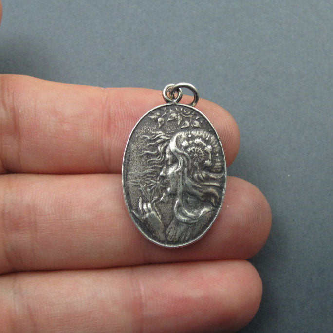 Spring Pendant, Sterling Silver, French Art Nouveau Button, Female Figure with Flowers, Seasons Necklace