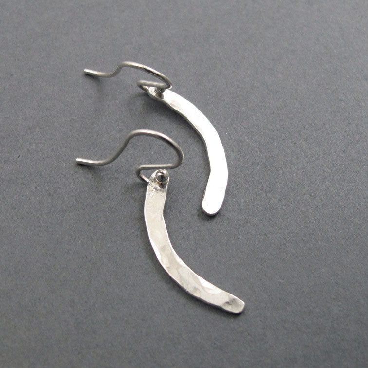 Hammered Sterling Silver Crescent Earrings, Curved Bar Design