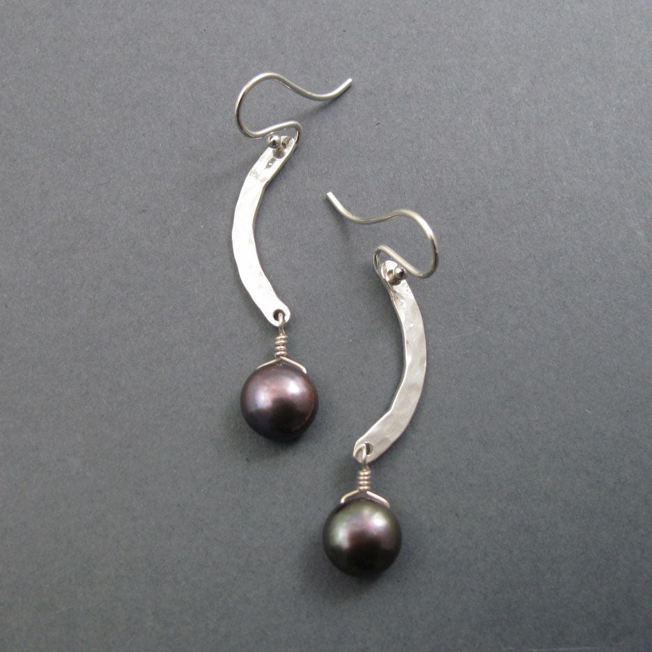 Peacock Pearl Dangle Earrings, Curved Bar Earrings Silver, Curved Bar Earrings Drop, Contemporary Classic Earrings