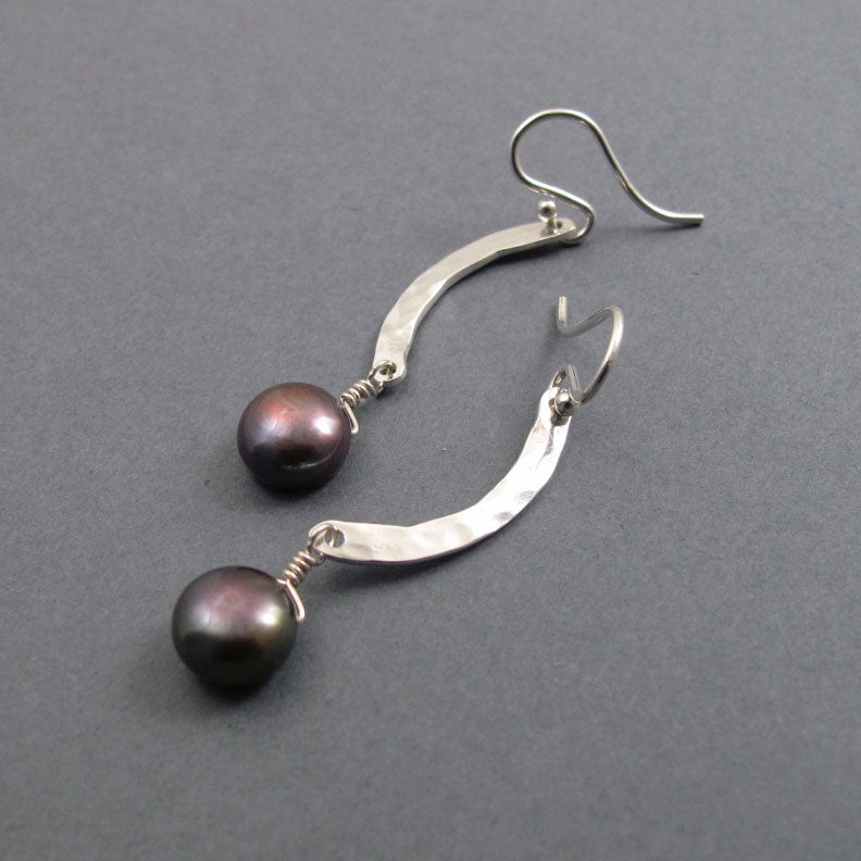 Peacock Pearl Dangle Earrings, Curved Bar Earrings Silver, Curved Bar Earrings Drop, Contemporary Classic Earrings