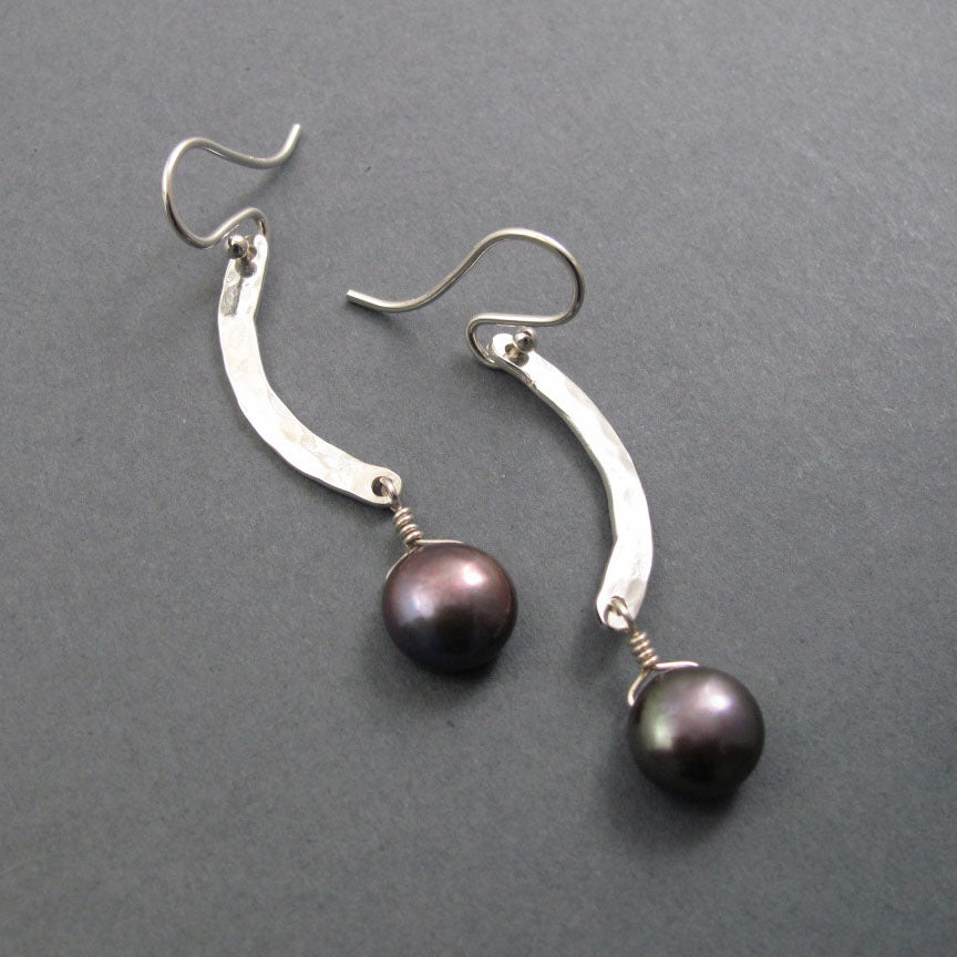 Peacock Pearl Dangle Earrings, Curved Bar Earrings Silver, Curved Bar Earrings Drop, Contemporary Classic Earrings