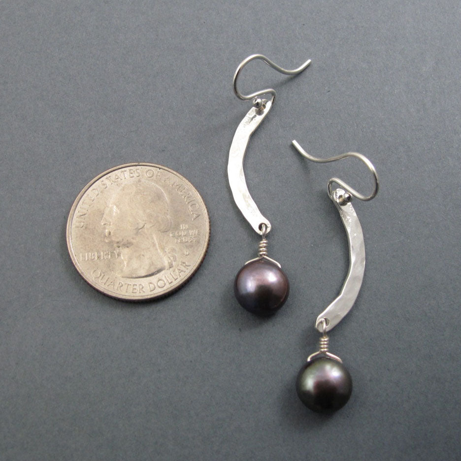 Peacock Pearl Dangle Earrings, Curved Bar Earrings Silver, Curved Bar Earrings Drop, Contemporary Classic Earrings
