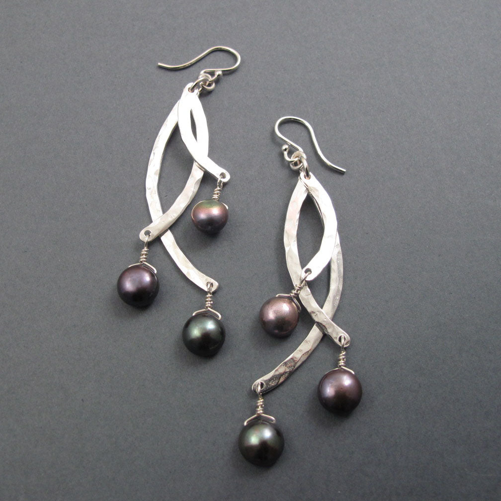 Hammered Sterling Silver Pearl Drop Earrings, Dramatic Statement Jewelry, Kinetic Design