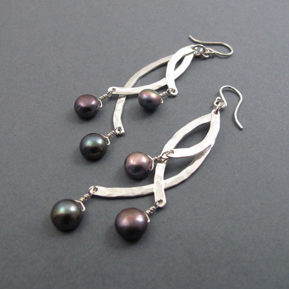 Hammered Sterling Silver Pearl Drop Earrings, Dramatic Statement Jewelry, Kinetic Design