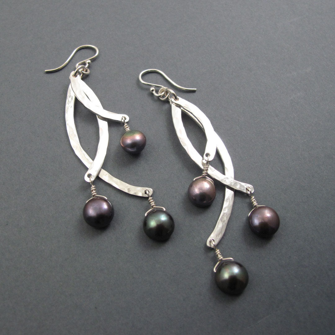 Hammered Sterling Silver Pearl Drop Earrings, Dramatic Statement Jewelry, Kinetic Design