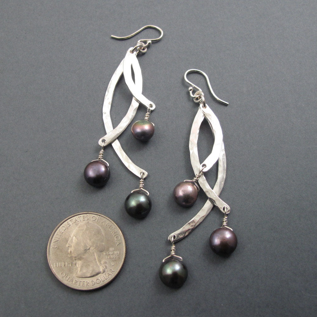 Hammered Sterling Silver Pearl Drop Earrings, Dramatic Statement Jewelry, Kinetic Design