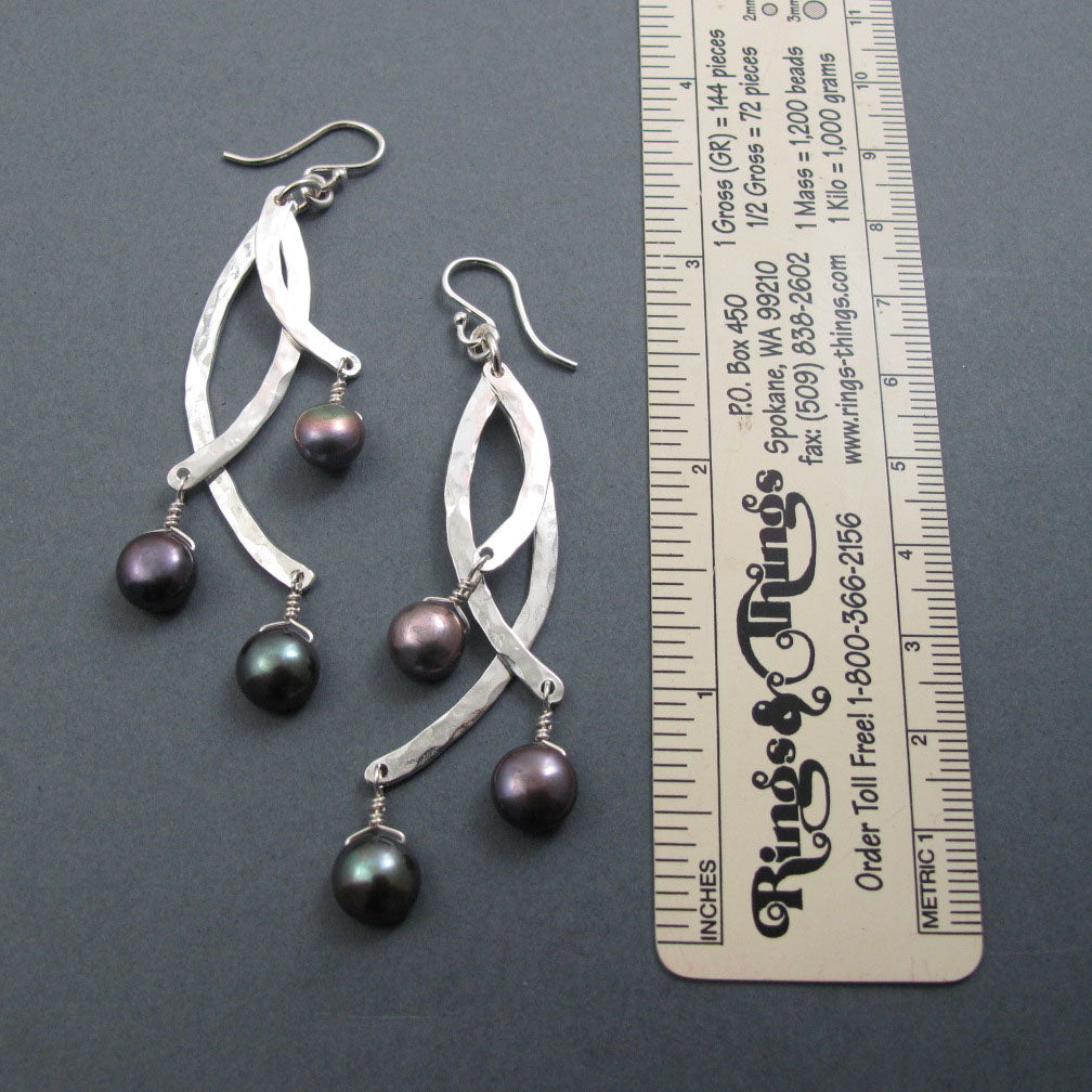 Hammered Sterling Silver Pearl Drop Earrings, Dramatic Statement Jewelry, Kinetic Design