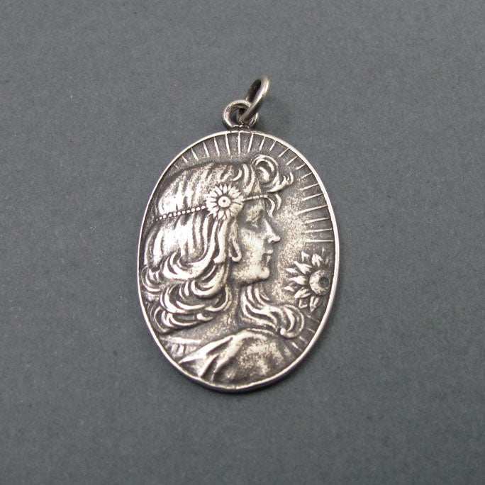 Summer Pendant, Sterling Silver, French Art Nouveau Button, Female with Sunflower, Seasons Necklace, Symbolic