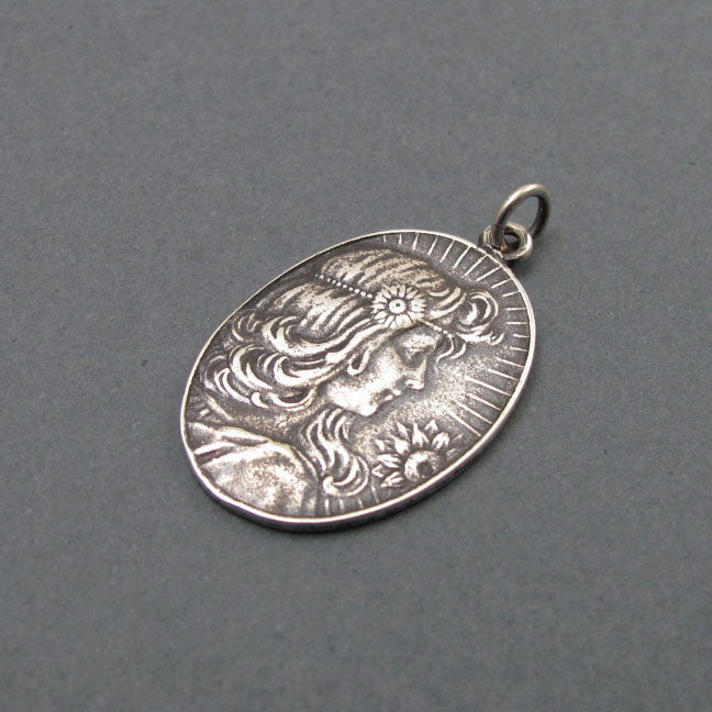 Summer Pendant, Sterling Silver, French Art Nouveau Button, Female with Sunflower, Seasons Necklace, Symbolic