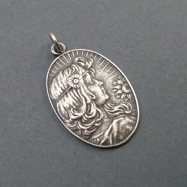 Summer Pendant, Sterling Silver, French Art Nouveau Button, Female with Sunflower, Seasons Necklace, Symbolic