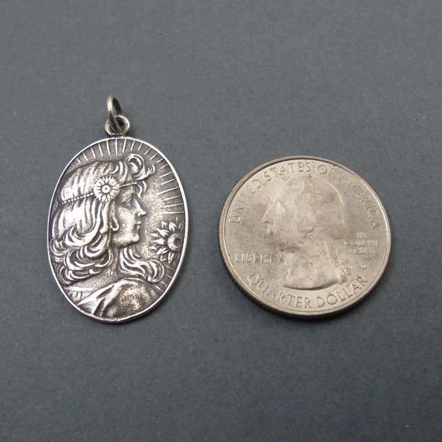 Summer Pendant, Sterling Silver, French Art Nouveau Button, Female with Sunflower, Seasons Necklace, Symbolic