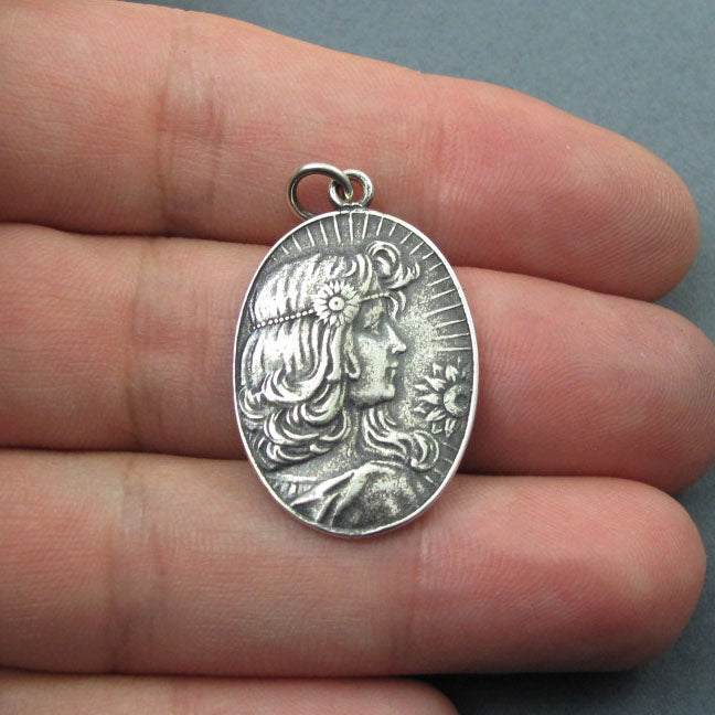 Summer Pendant, Sterling Silver, French Art Nouveau Button, Female with Sunflower, Seasons Necklace, Symbolic
