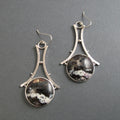 Tiffany Stone Dangle Earrings, Sterling Silver, Black White Round Cabochon, A-Frame Design, Statement Jewelry