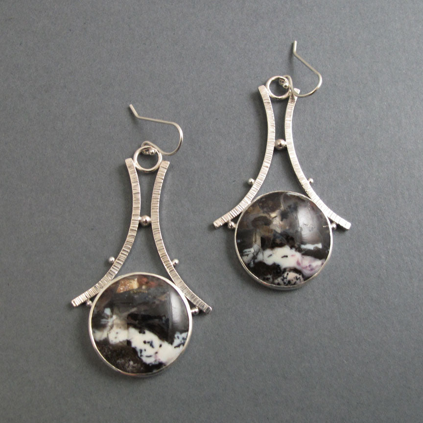 Tiffany Stone Dangle Earrings, Sterling Silver, Black White Round Cabochon, A-Frame Design, Statement Jewelry
