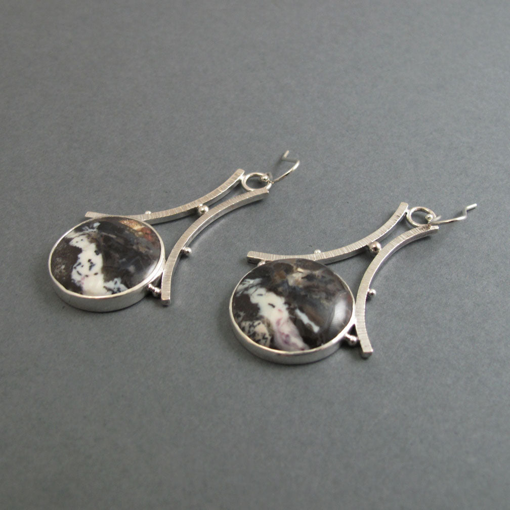 Tiffany Stone Dangle Earrings, Sterling Silver, Black White Round Cabochon, A-Frame Design, Statement Jewelry