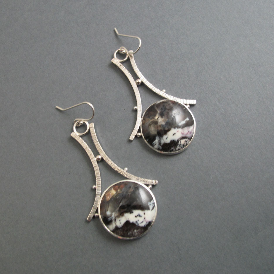 Tiffany Stone Dangle Earrings, Sterling Silver, Black White Round Cabochon, A-Frame Design, Statement Jewelry