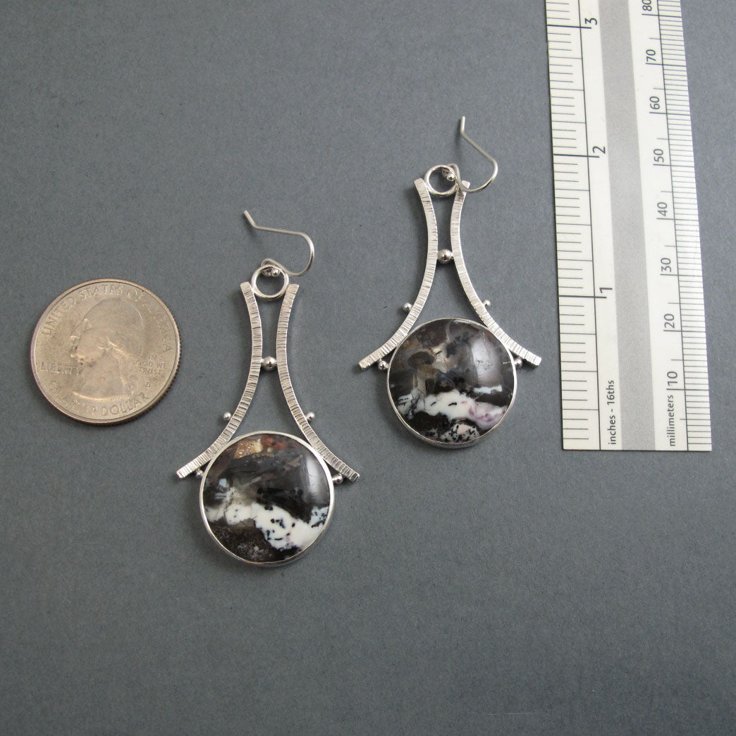 Tiffany Stone Dangle Earrings, Sterling Silver, Black White Round Cabochon, A-Frame Design, Statement Jewelry