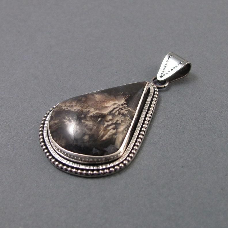 Turkish Chalcedony Pendant, Sterling Silver, Teardrop Necklace, Landscape Stone, Handmade, Natural Cabochon, Unisex