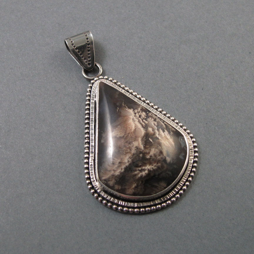 Turkish Chalcedony Pendant, Sterling Silver, Teardrop Necklace, Landscape Stone, Handmade, Natural Cabochon, Unisex