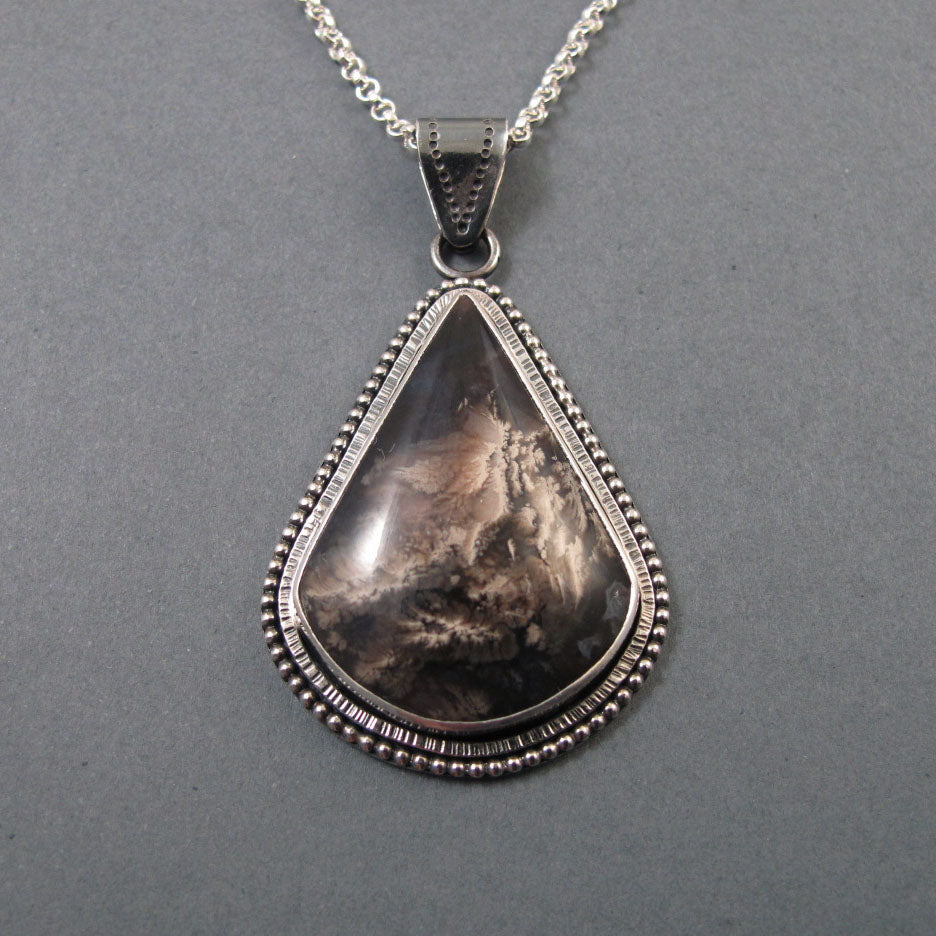Turkish Chalcedony Pendant, Sterling Silver, Teardrop Necklace, Landscape Stone, Handmade, Natural Cabochon, Unisex