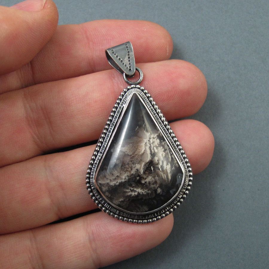 Turkish Chalcedony Pendant, Sterling Silver, Teardrop Necklace, Landscape Stone, Handmade, Natural Cabochon, Unisex