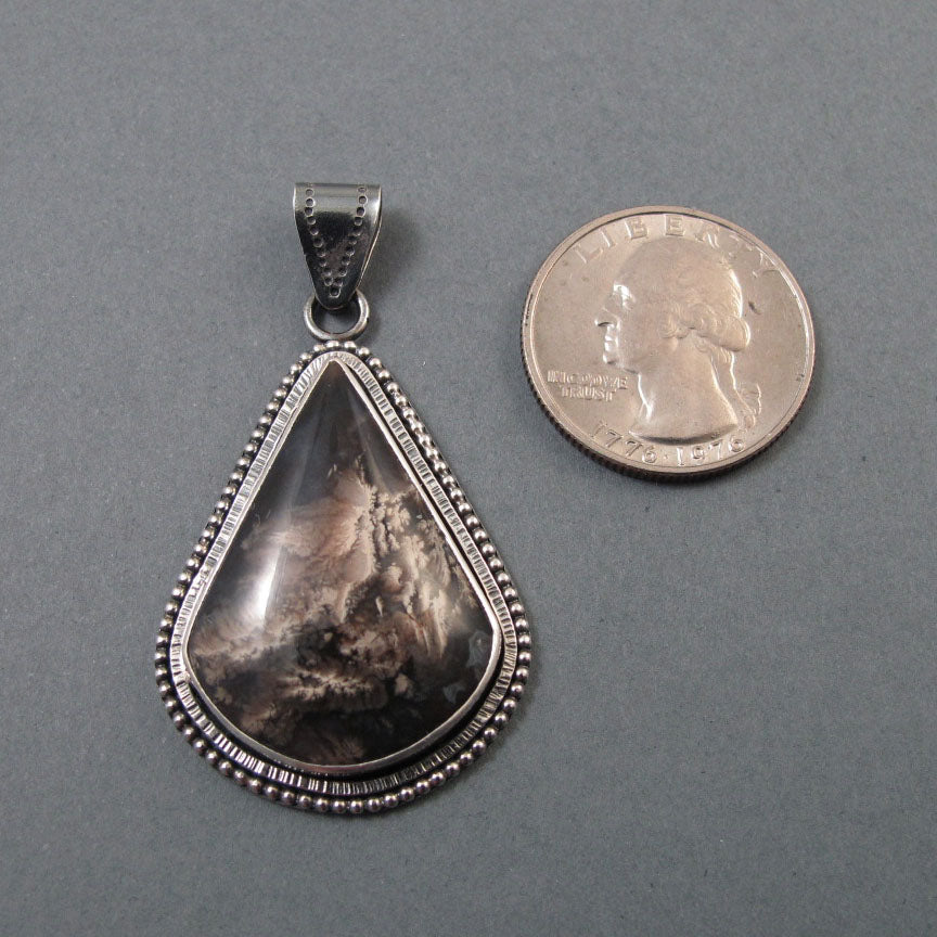 Turkish Chalcedony Pendant, Sterling Silver, Teardrop Necklace, Landscape Stone, Handmade, Natural Cabochon, Unisex