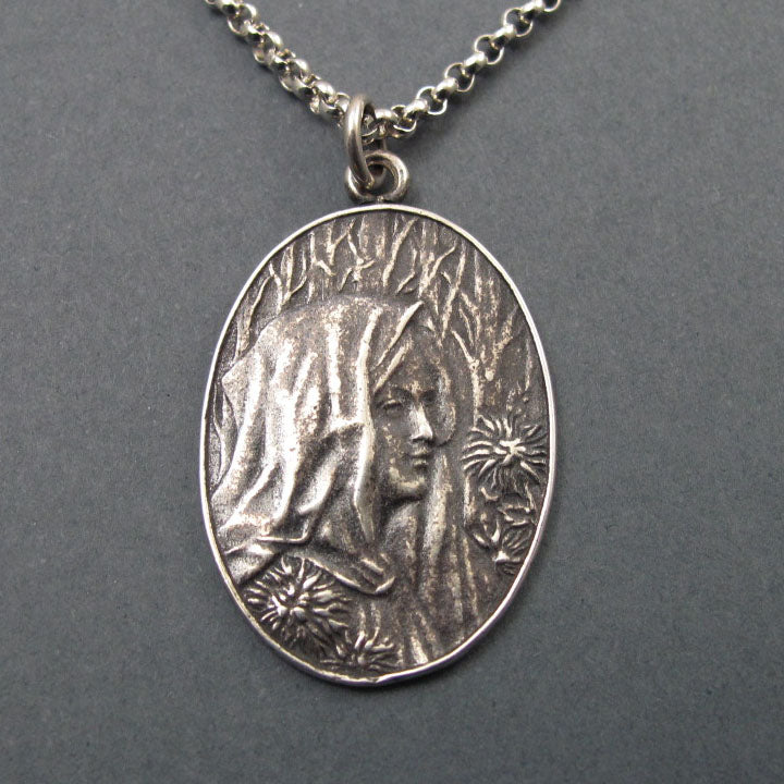 Winter Goddess Pendant, Sterling Silver, French Art Nouveau Button, Female Profile, Seasons Necklace