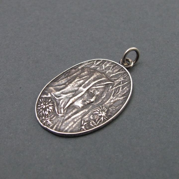 Winter Goddess Pendant, Sterling Silver, French Art Nouveau Button, Female Profile, Seasons Necklace